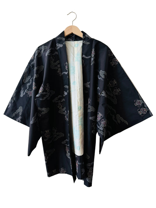 Vintage color Haori - oshima Clouds and Traditional Japanese Vases -