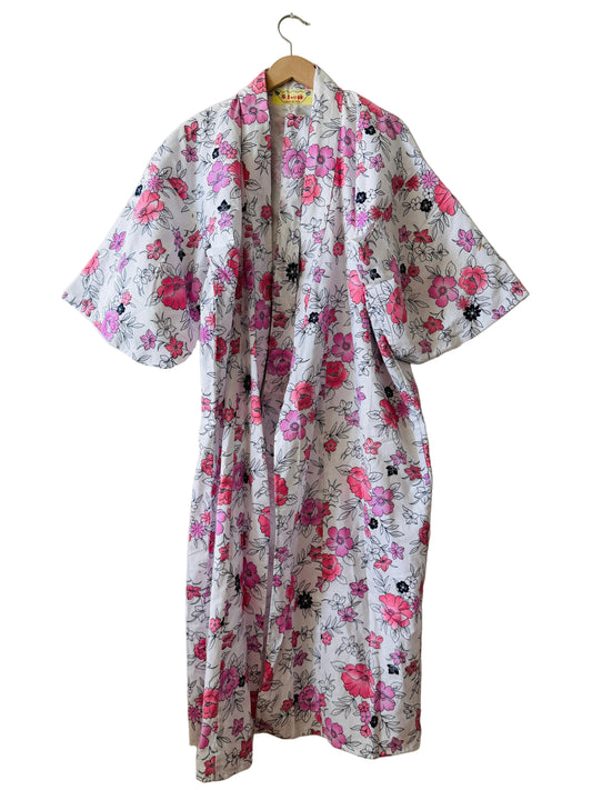 Kimono-style night robe - White and pink Robe with matching sash  -
