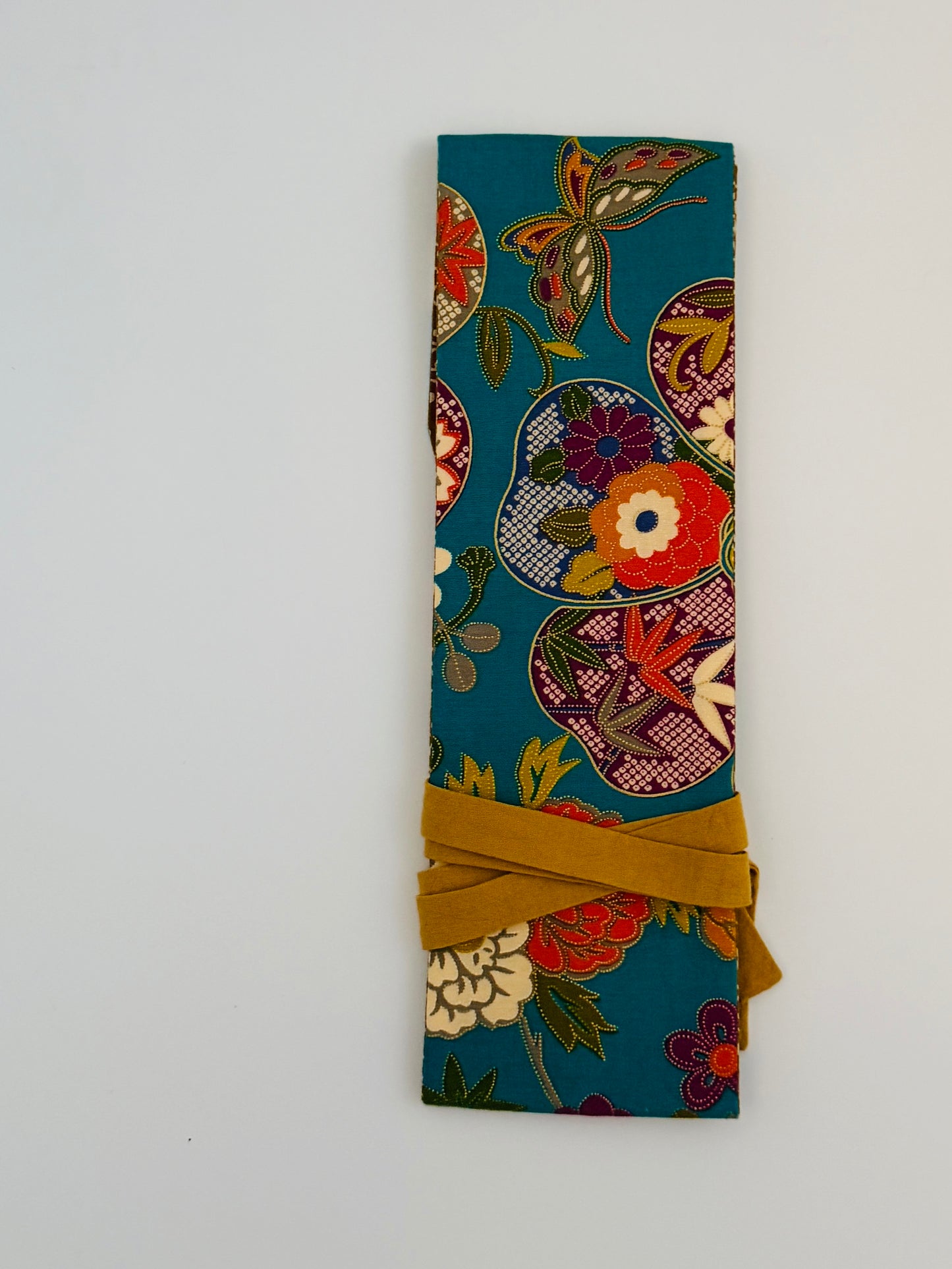 Original Obi belt - BlueGreen Auspicious flowers - Slim
