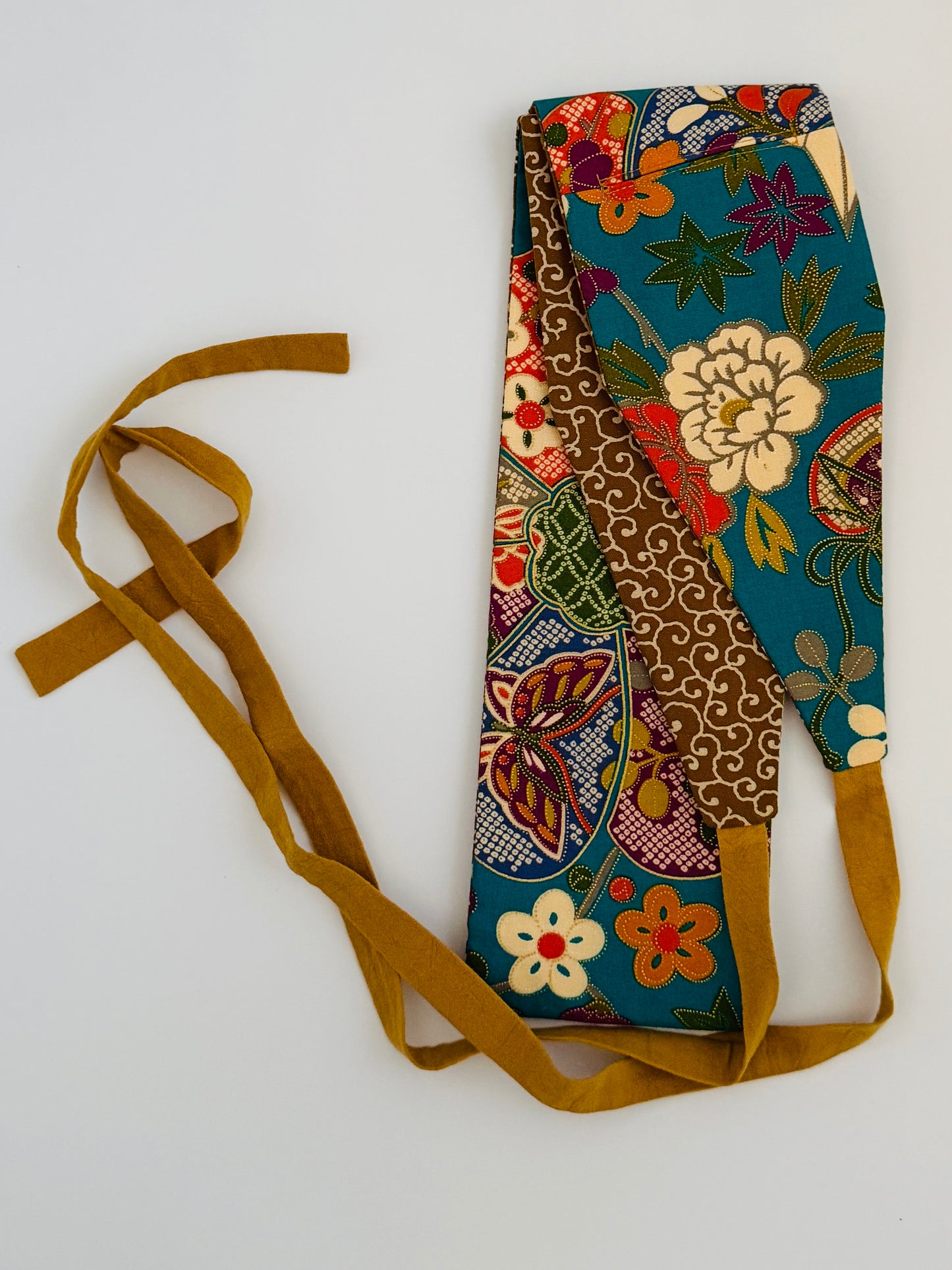 Original Obi belt - BlueGreen Auspicious flowers - Slim