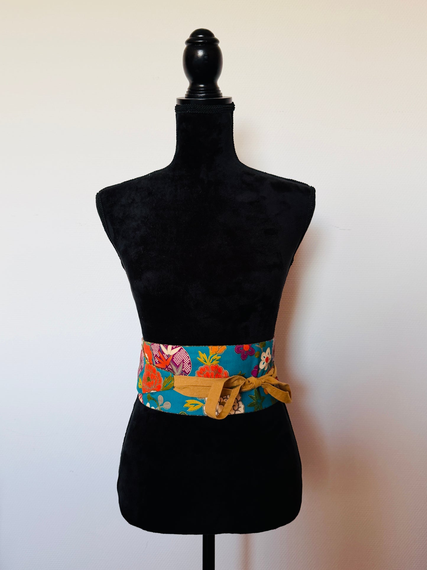 Original Obi belt - BlueGreen Auspicious flowers - Slim