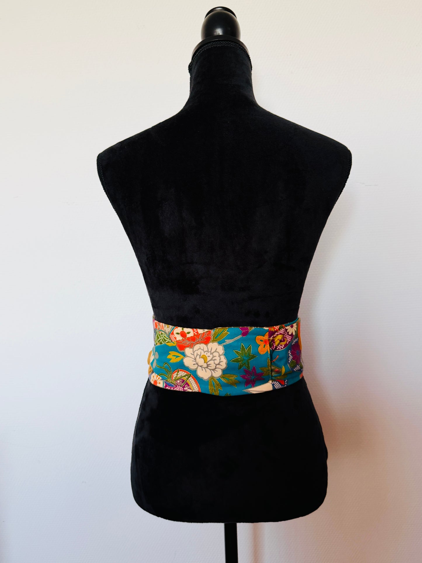 Original Obi belt - BlueGreen Auspicious flowers - Slim
