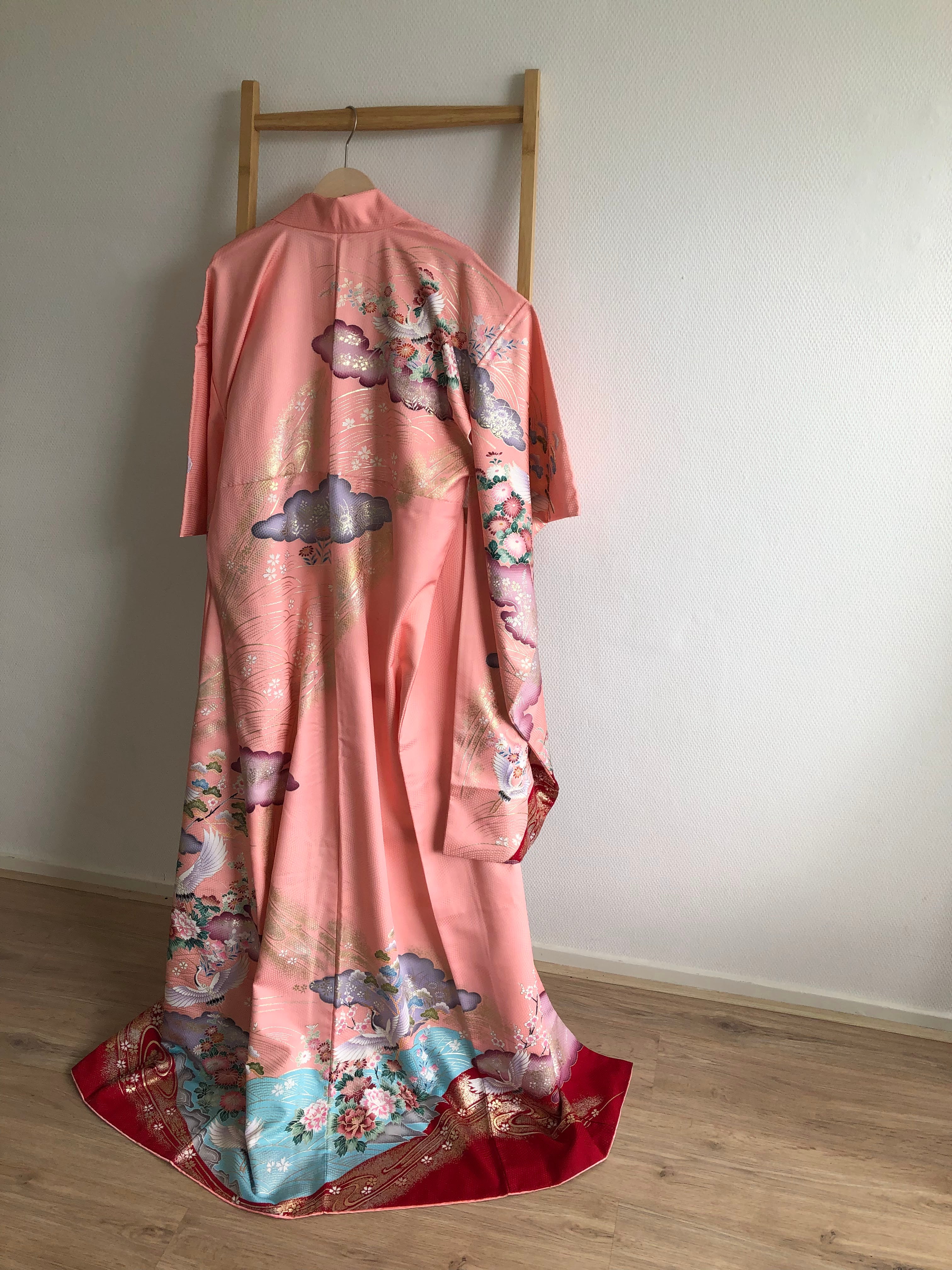 Furisode】＜Good・Silk＞ ☆Light pink Crane Dance☆Length: 165cm 